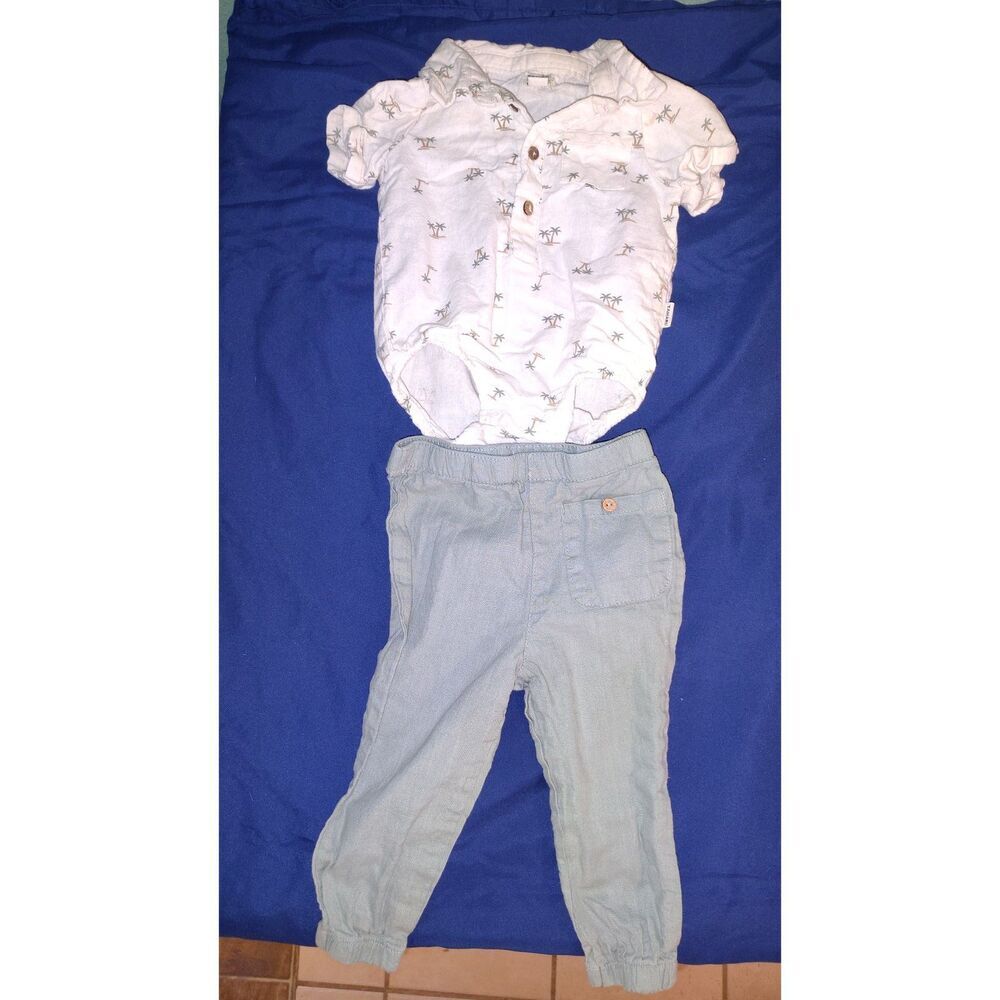 Tahari Baby Boys‎ 2 Piece White Palm Tree Collard Shirt With Green Pants